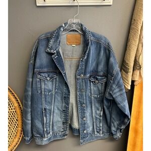 American Eagle Womens Size L Jean Jacket Oversized Boyfriend Denim Grunge Boxy
